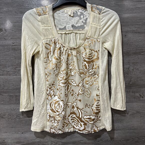 Meadow Rue Anthropologie Womens XS Blouse Beige Floral Long Sleeve - Picture 1 of 15